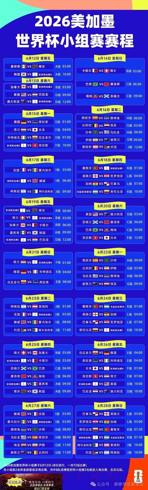 2026世界杯小组赛赛程中国时间比赛时间表直播平台
